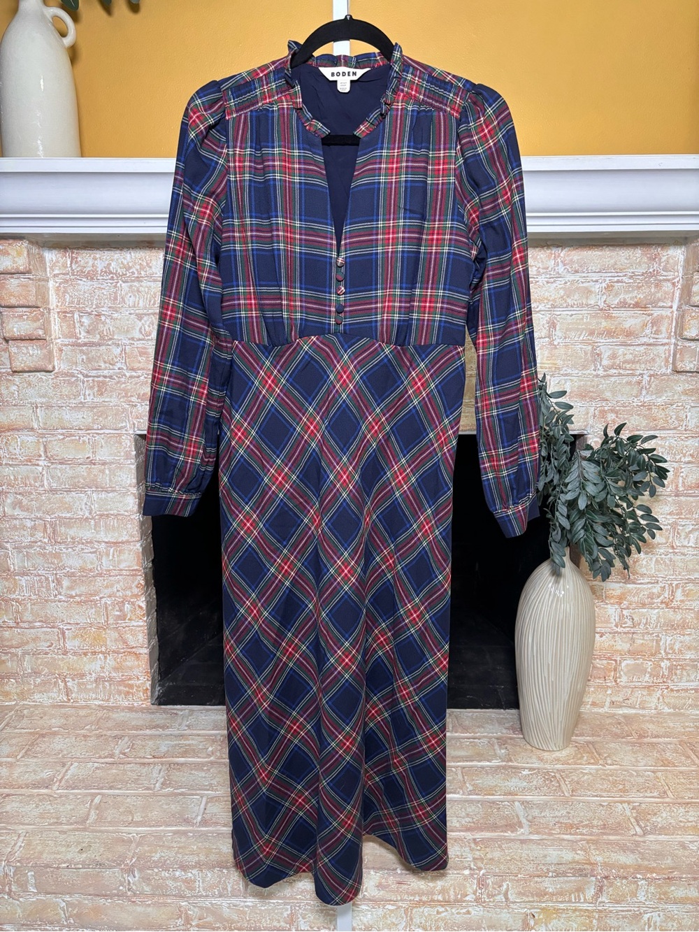 Boden Cassie Check Tea Dress 8P Navy Tartan Plaid Long Sleeve Holiday #521 - Picture 2 of 9